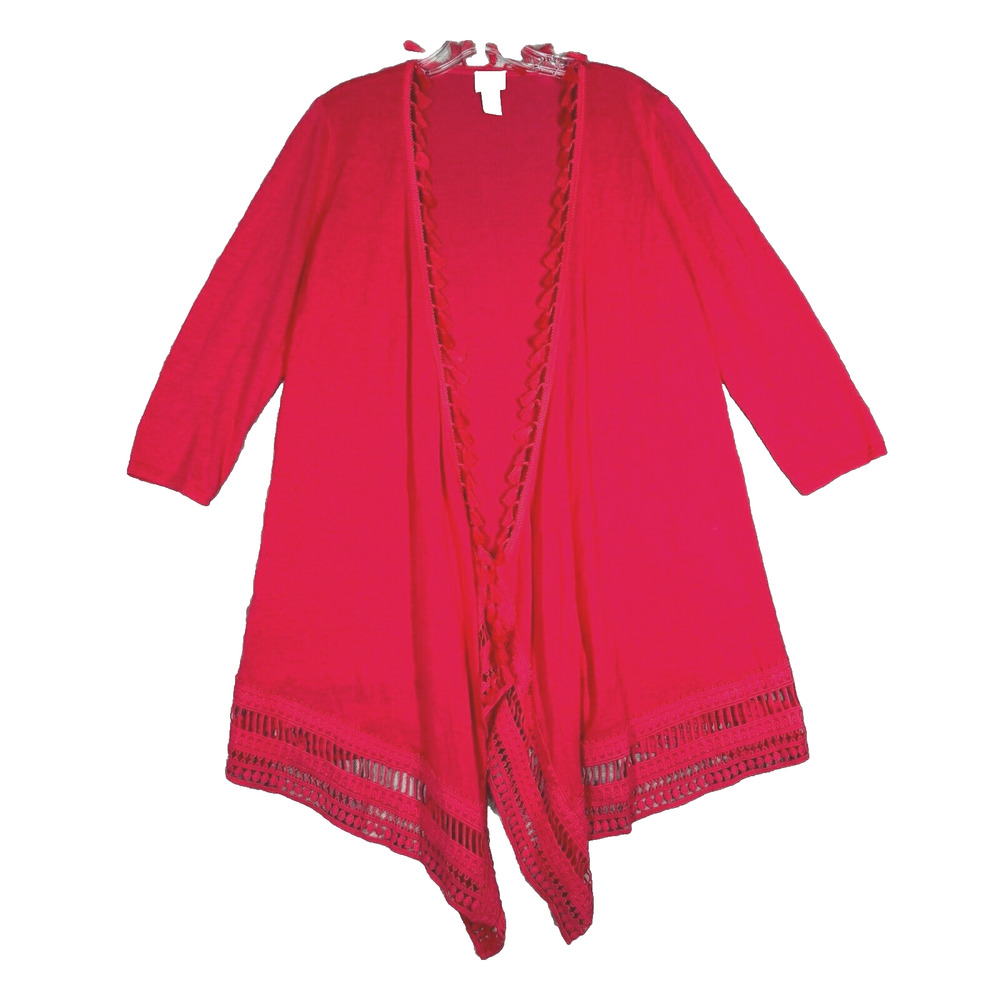 Chicos Sweater Women Medium Red Open Front Waterfall Hem Tassels Casual Bohemian